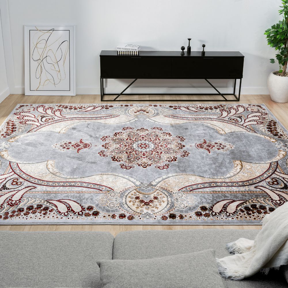 Isfahan Royal Arch Medallion Gray Traditional Persian Afghan Area Rug, Silk Pile