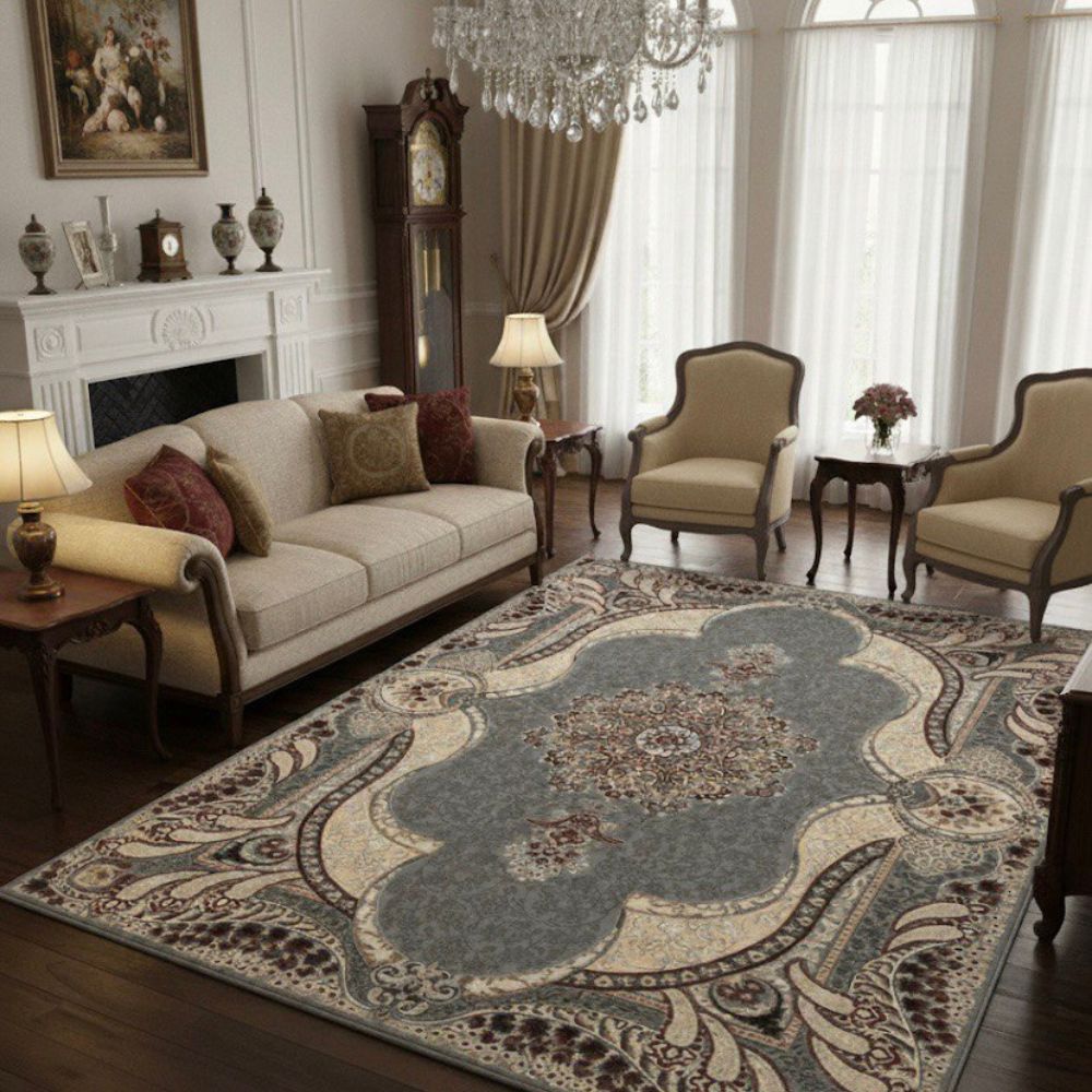 Isfahan Royal Arch Medallion Gray Traditional Persian Afghan Area Rug, Silk Pile