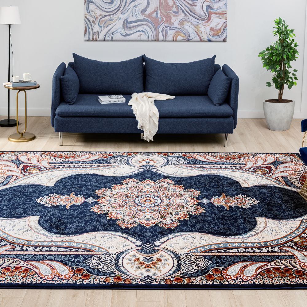 Isfahan Royal Arch Medallion Navy Traditional Persian Afghan Area Rug, Silk Pile