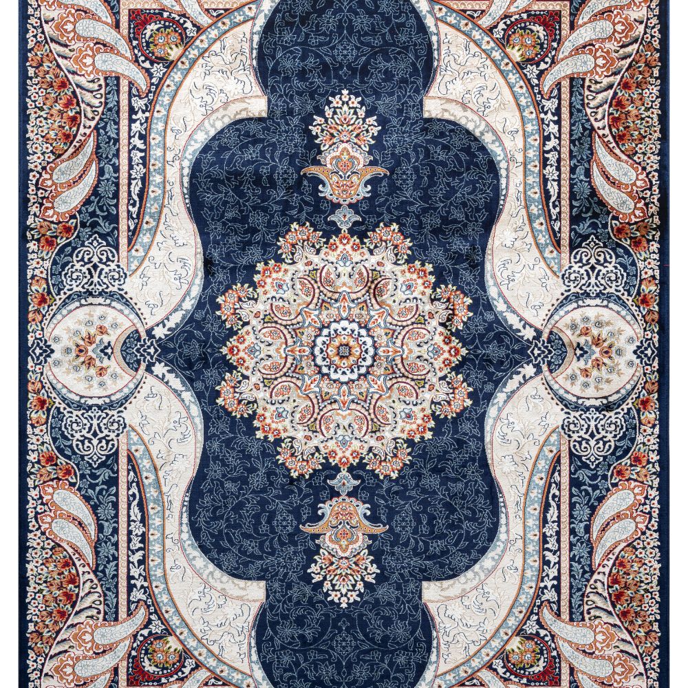 Isfahan Royal Arch Medallion Navy Traditional Persian Afghan Area Rug, Silk Pile