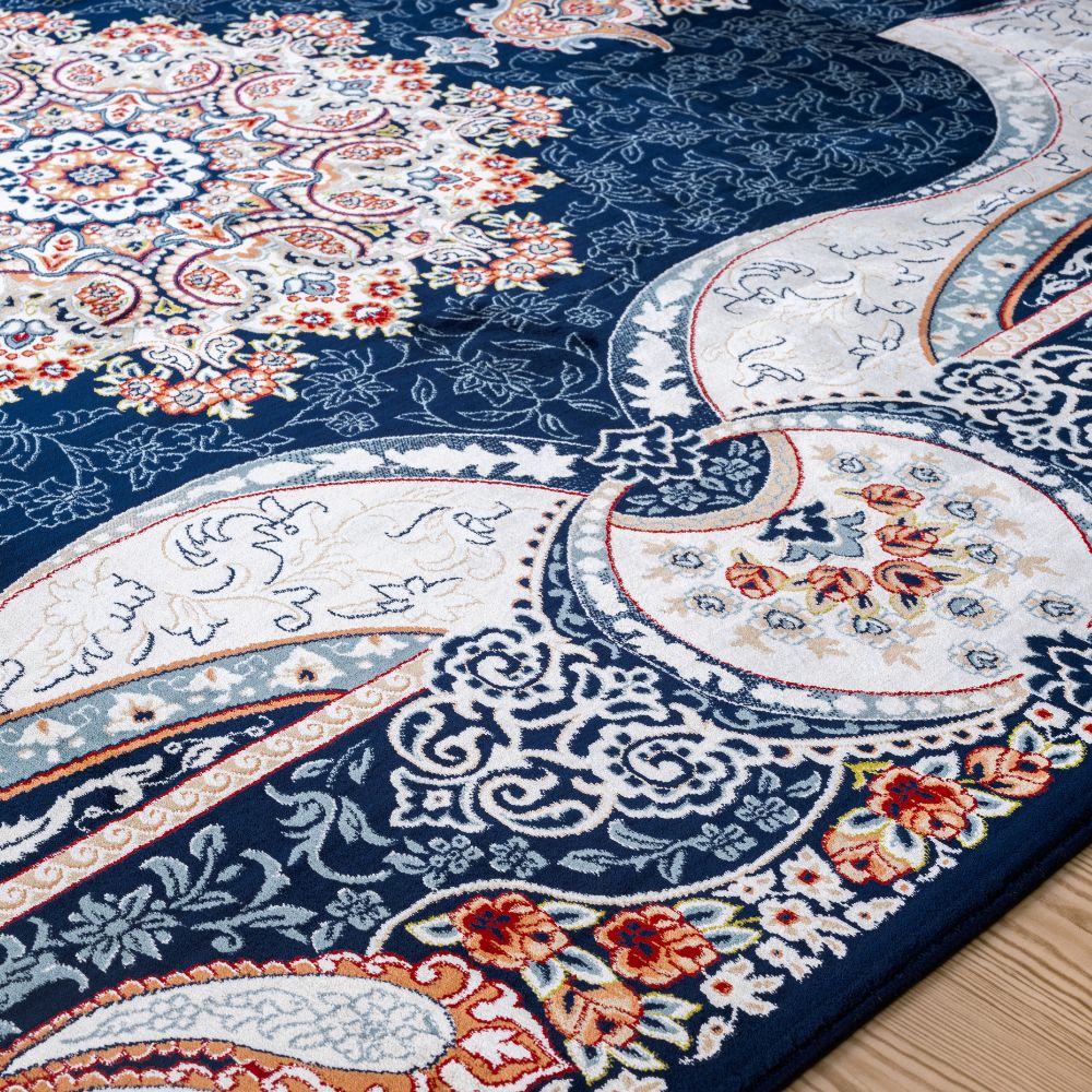 Isfahan Royal Arch Medallion Navy Traditional Persian Afghan Area Rug, Silk Pile