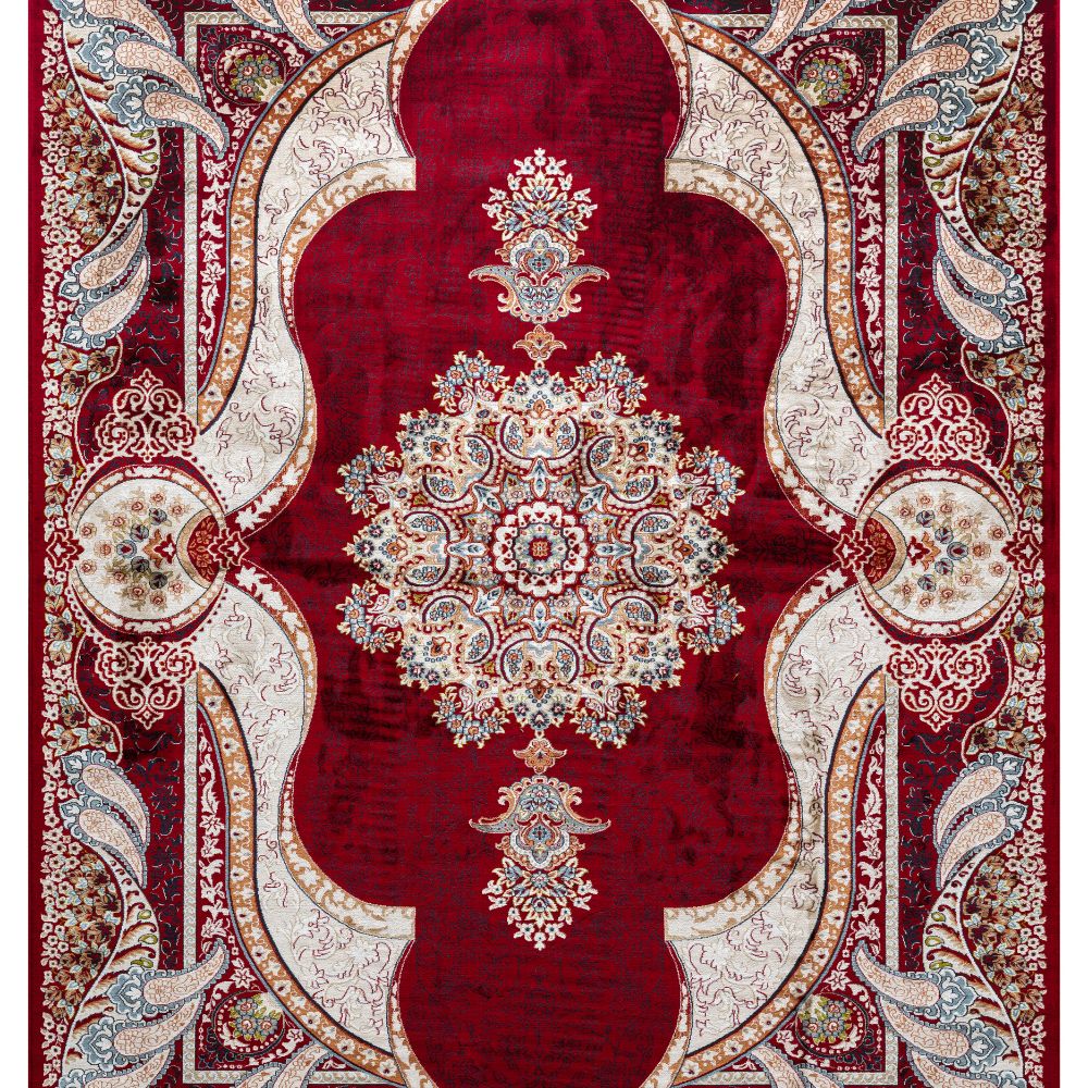 Isfahan Royal Arch Medallion Red Traditional Persian Afghan Area Rug, Silk Pile