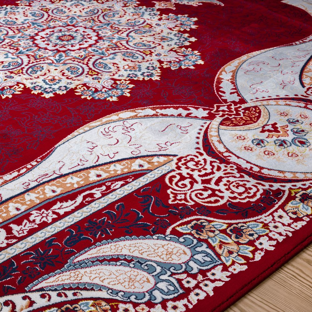 Isfahan Royal Arch Medallion Red Traditional Persian Afghan Area Rug, Silk Pile