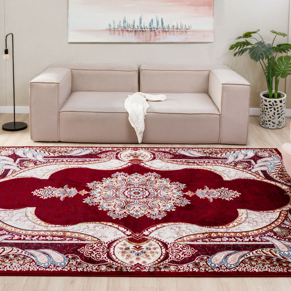 Isfahan Royal Arch Medallion Red Traditional Persian Afghan Area Rug, Silk Pile