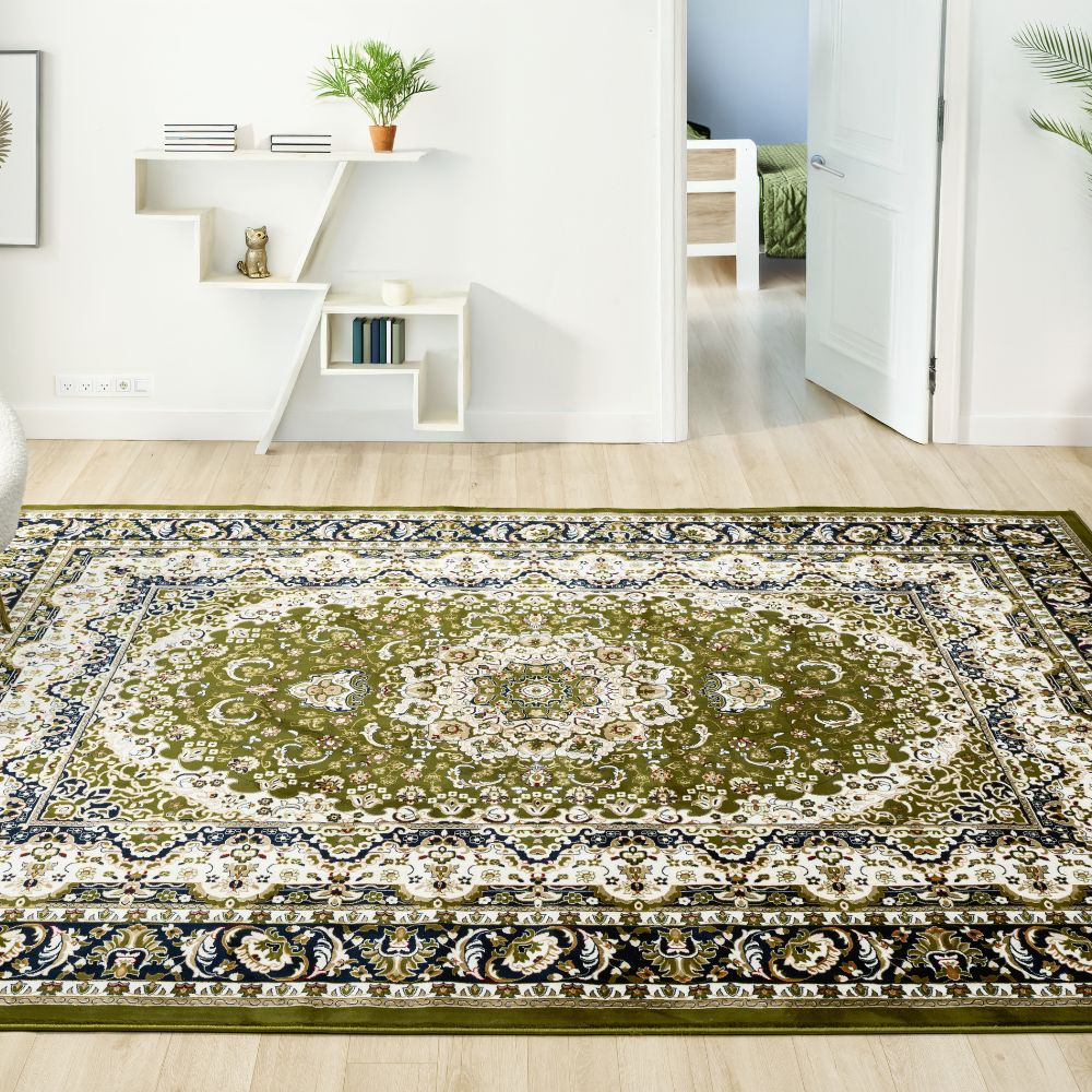 Isfahan Palatial Floral Medallion Green Persian Area Rug