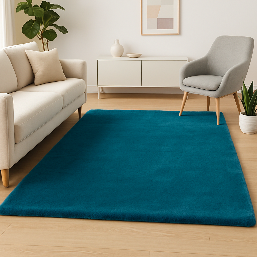 Faux Fur Rabbit Area Rug, Soft Plush Chinchilla Feel, Teal Blue