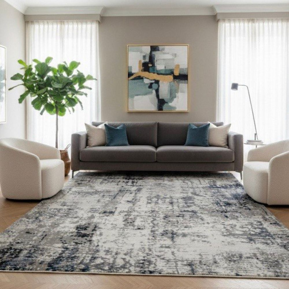 Modern Gray & Navy Abstract Area Rug Textured Distressed Design