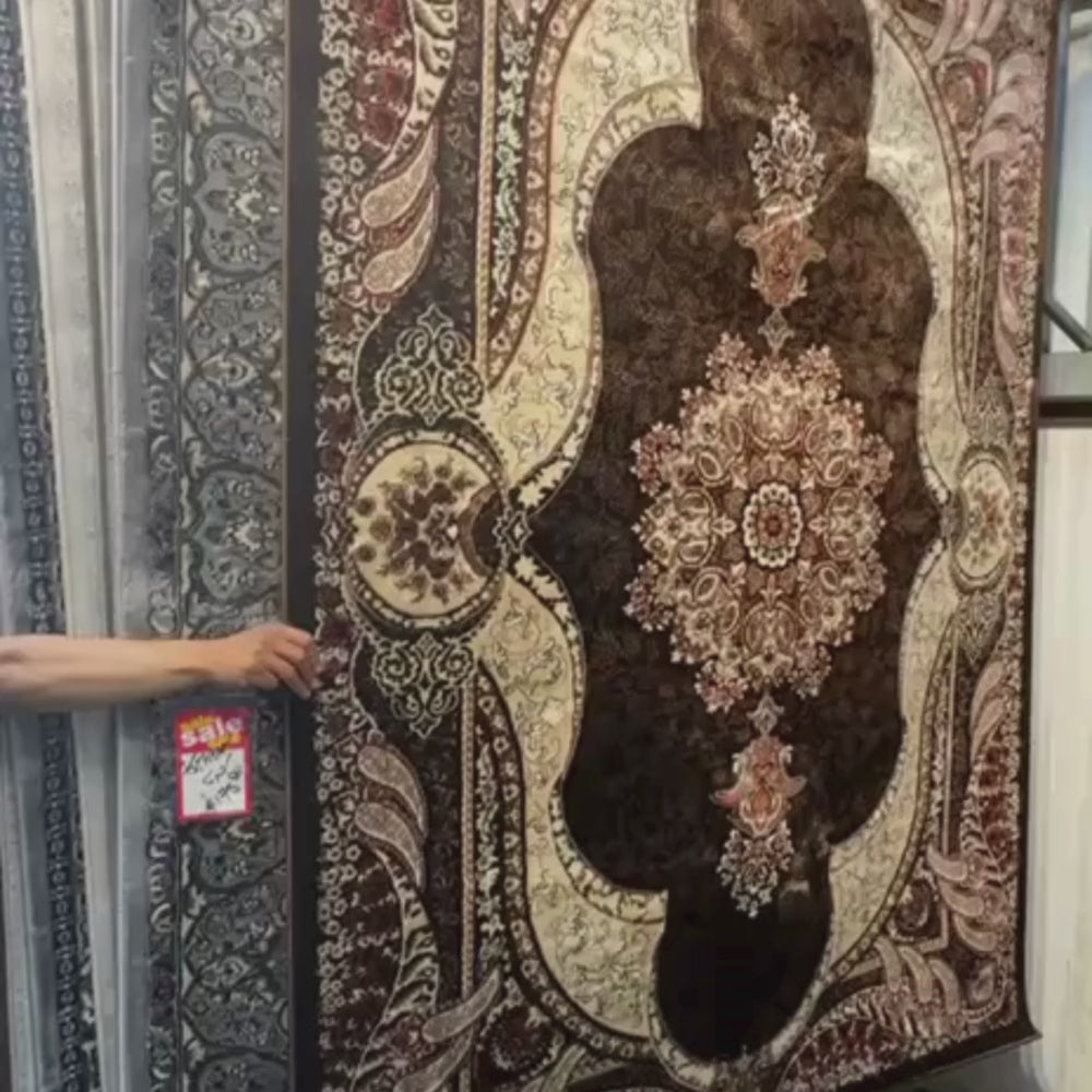 Isfahan Royal Arch Medallion Brown Traditional Persian Afghan Area Rug, Silk Pile