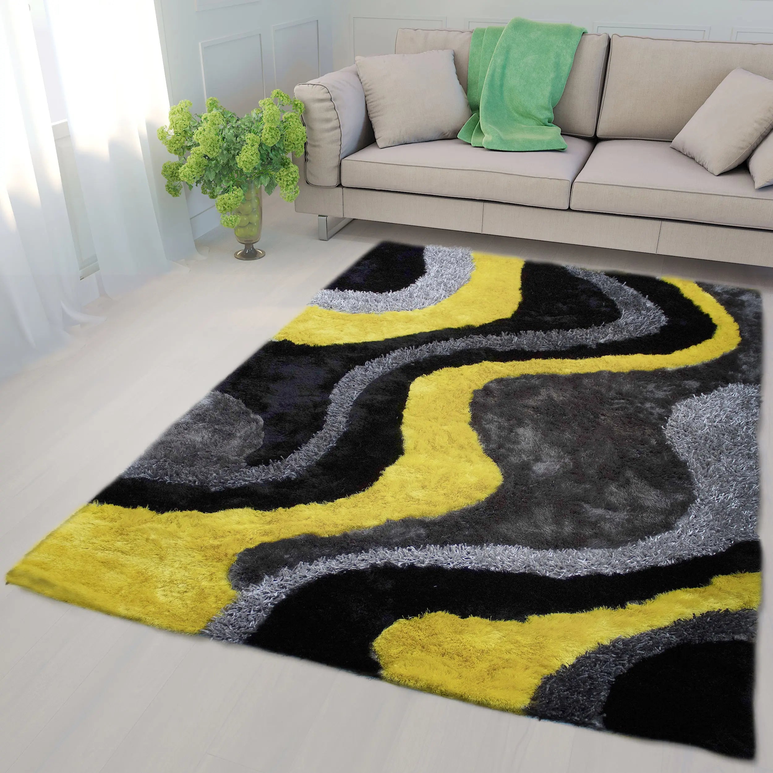 Signature Designers Abstract Shag Area Rug Black And Yellow Color – LA ...