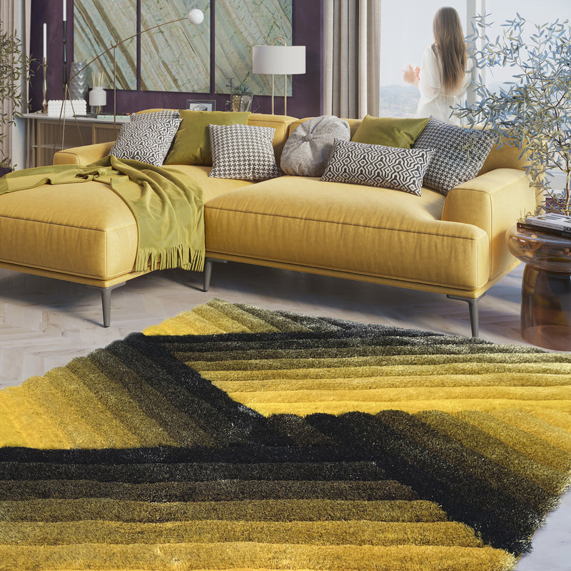 Artistic Lines Black And Yellow Shag Area Rug