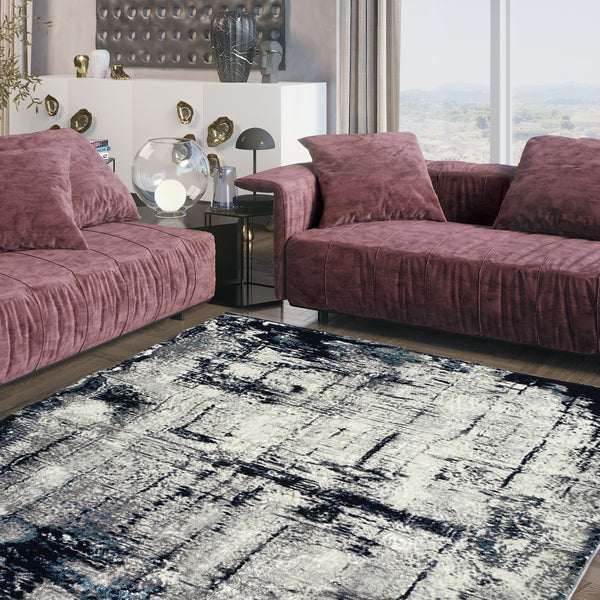Iranian Cream Navy Blue Distressed Abstract Area Rug