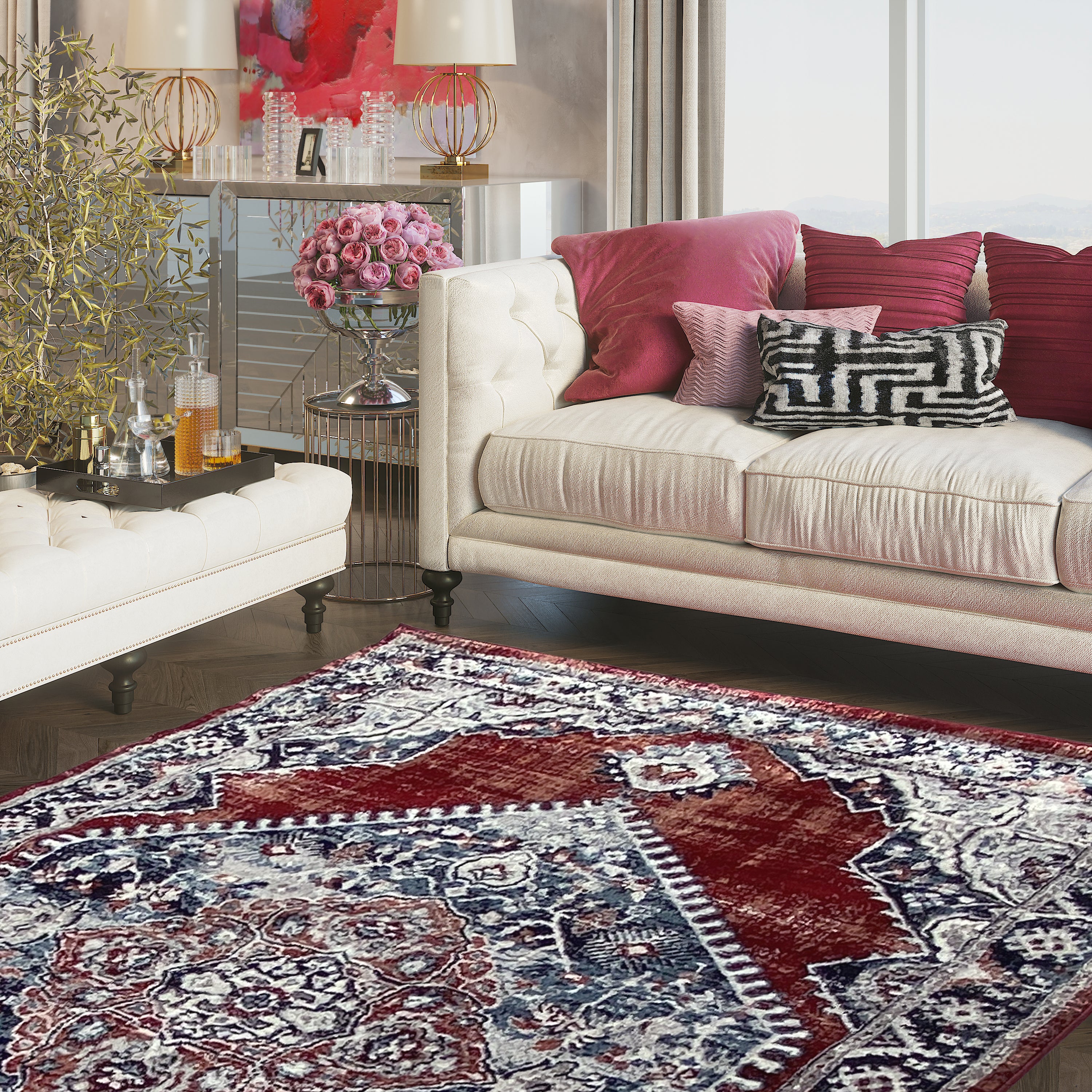 Persian Red Navy Blue Faded Medallion Area Rug