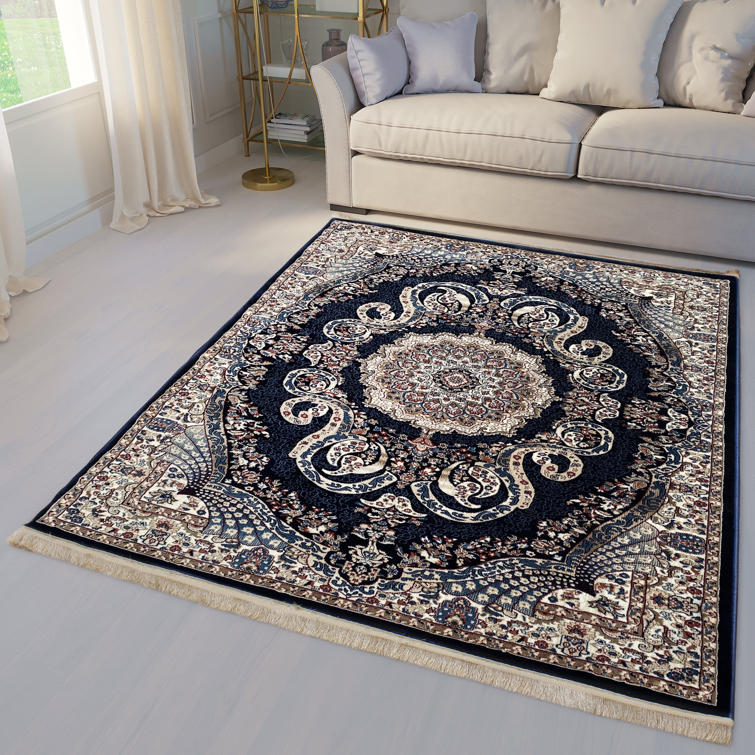Traditional Navy Blue Vintage Area Rug, Brand: RugBerry, Collection: Kashan, Shape: Rectangular, Style: Tassel, Pattern: Vintage, Persian, Size: 5 x 7 ft, 8 x 10 ft, 9 x 12, Color: Navy Blue, Material: 100% Polyester Silk, Weave: Machine Made, Thickness: 0.5 inches, Room: Bedroom, Dining Room, Living Room, Hallway, Office, Kitchen, Bathroom, Entryway, Nursery, Kids Room